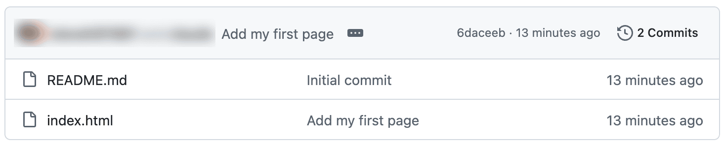 GitHub’s file list showing README.md with the message Initial commit, and index.html with the message Add my first page.