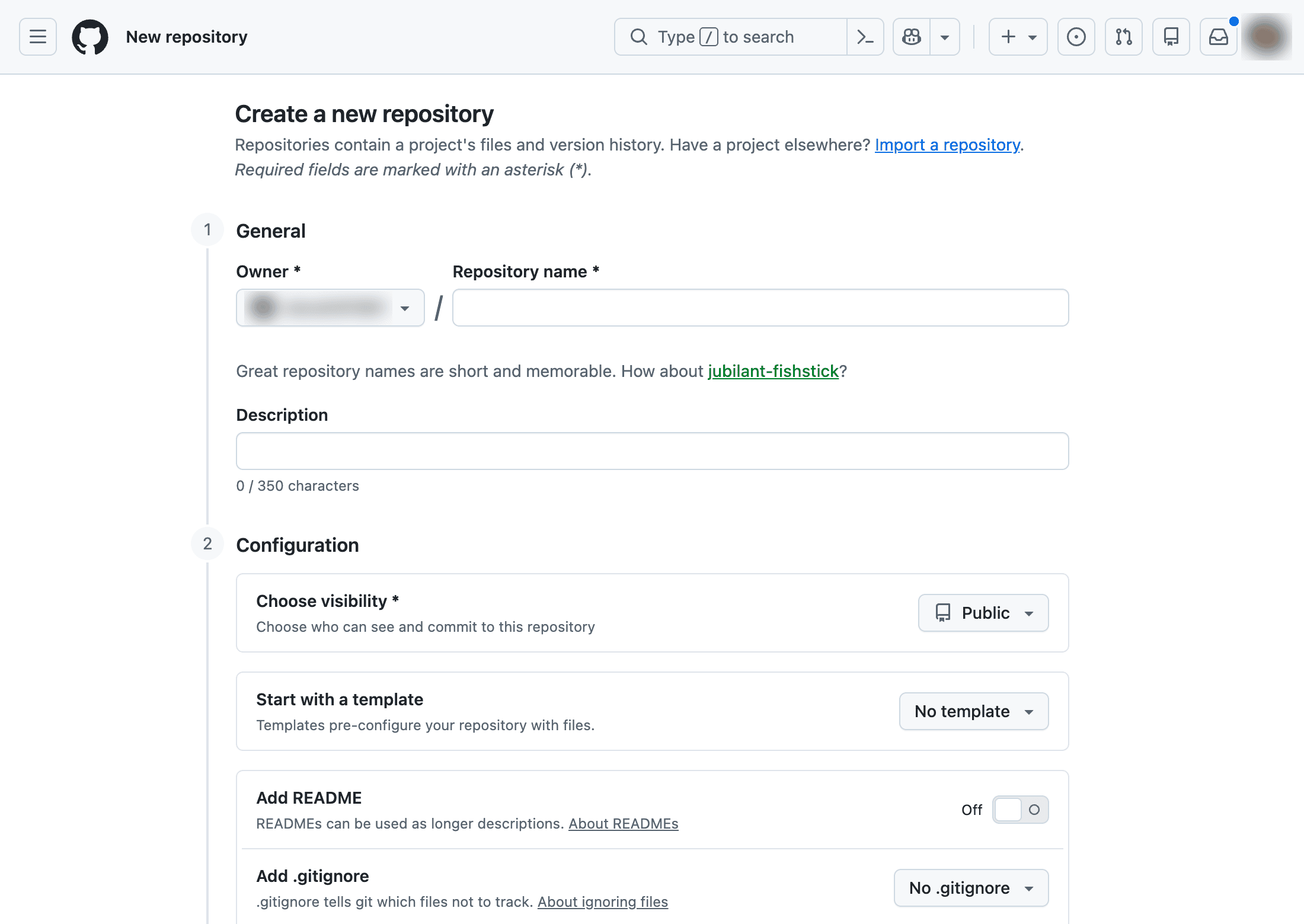 GitHub’s Create a new repository form. The Owner shows the signed-in account, blurred here, and the Repository name box beside it is empty. Below, visibility is set to Public, there’s no template, and Add README is switched off.