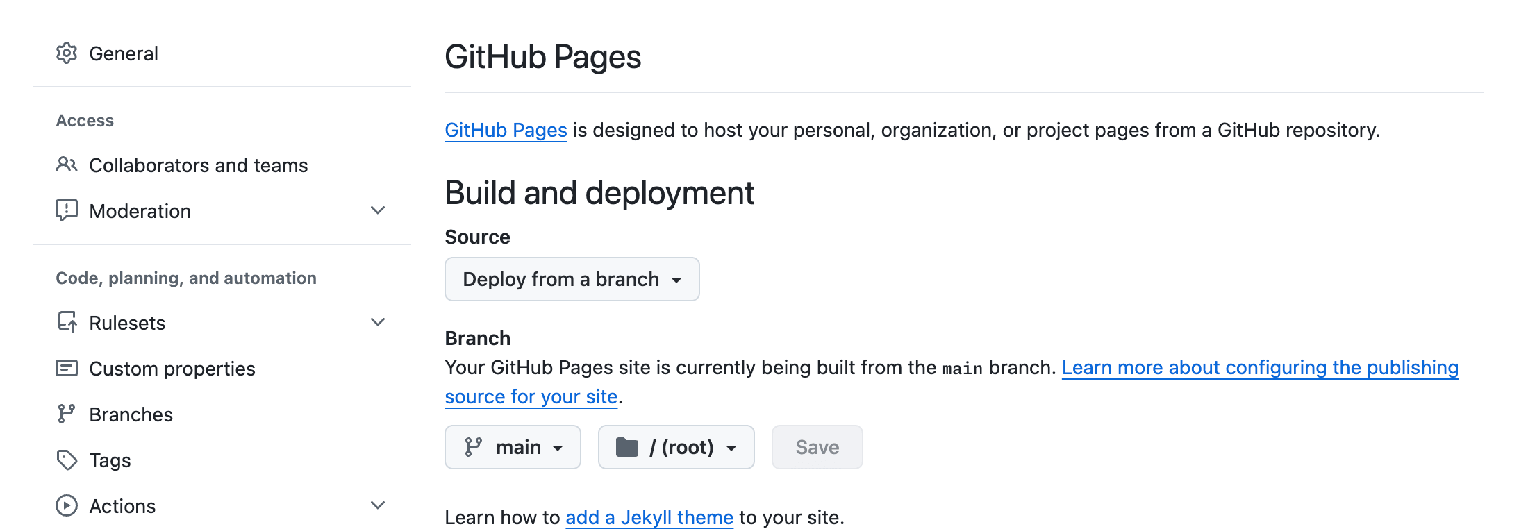 The Pages section of a repository’s Settings, with Code, planning, and automation in the sidebar. Under Build and deployment, the Source is Deploy from a branch, and the Branch settings show main and / (root), with a Save button.