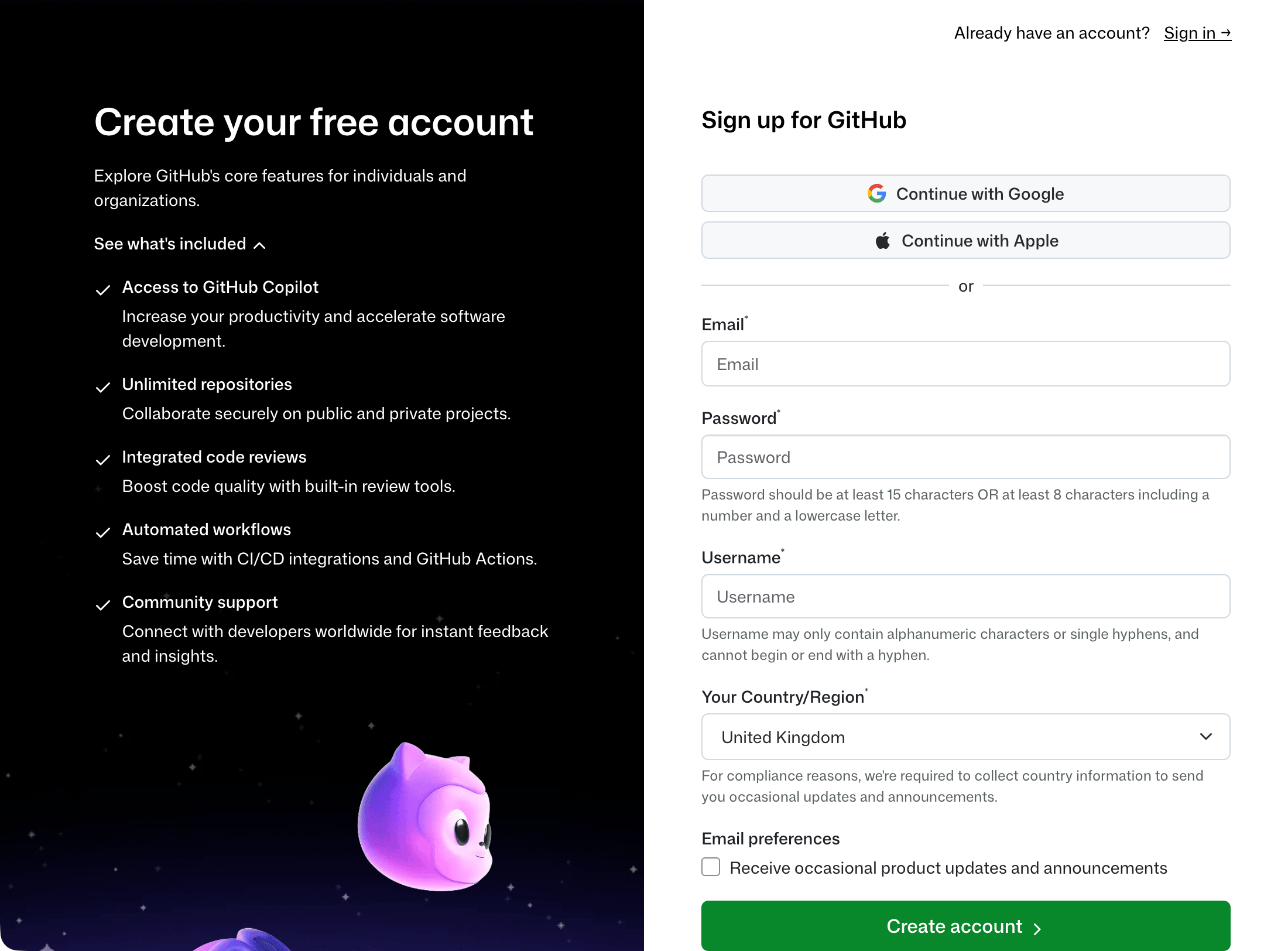 GitHub’s Sign up for GitHub page. Beside the heading Create your free account, the form offers Continue with Google and Continue with Apple, then fields for Email, Password, Username and Your Country/Region, and a green Create account button.