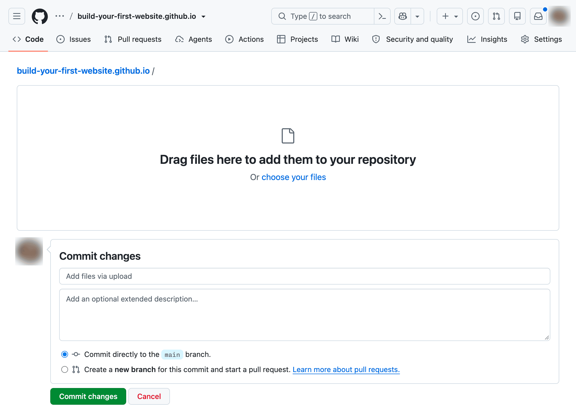 GitHub’s upload page, with a large area saying Drag files here to add them to your repository, or choose your files. Below it, a Commit changes box has a commit message field, a description field, the option Commit directly to the main branch selected, and a green Commit changes button.
