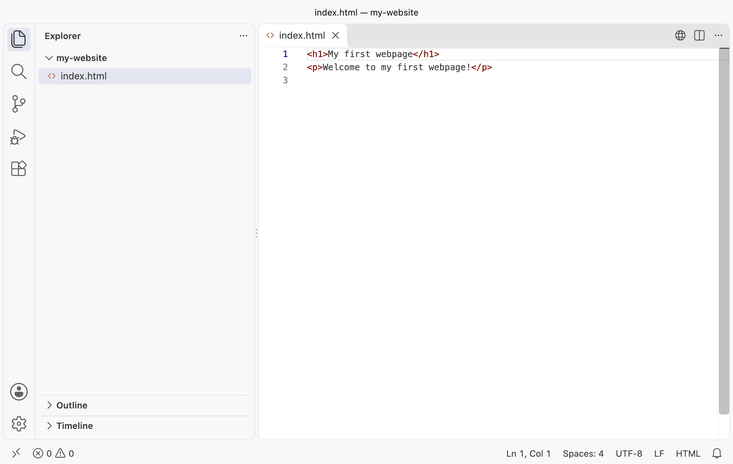 VS Code with the my-website folder open. The Explorer on the left lists index.html, and the editor on the right shows its two lines: the h1 heading “My first webpage” and the paragraph “Welcome to my first webpage!”.